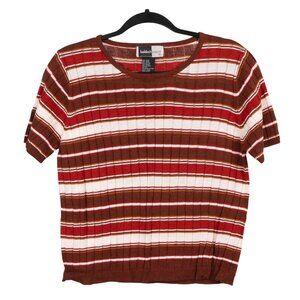 70s Knit Sweater M Striped Red Brown ShortSleeve Knit Preppy Academia Old Money